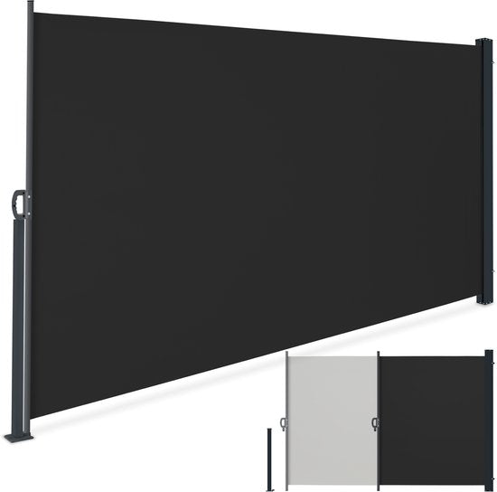 tectake® Ausziehbarer Windschutz mit Aufrollmechanismus – 300 x 200 cm – Seitenmarkise mit Aluminiumrahmen – Sonnenschutz – Gartenschutz – Schwarzer Balkon-Sonnenschutz – Undurchsichtiger Sichtschutz – Markisentuch