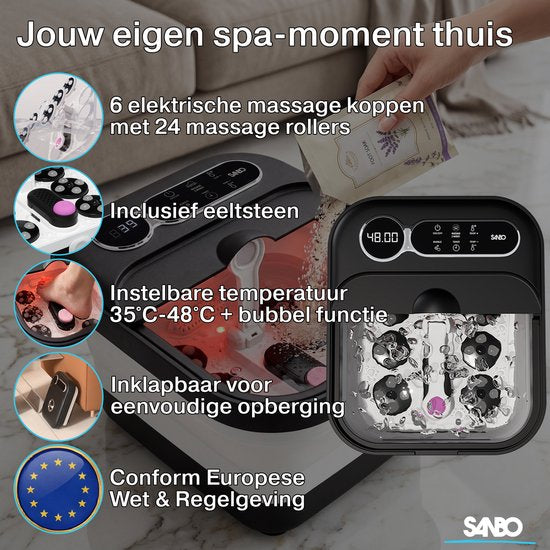 Sanbo Fußbad – Elektrische Massagerollen – Einstellbare Temperatur von 35 bis 48 Grad – Fußmassagegerät – Fußbad mit Massagefunktion – Schwarz