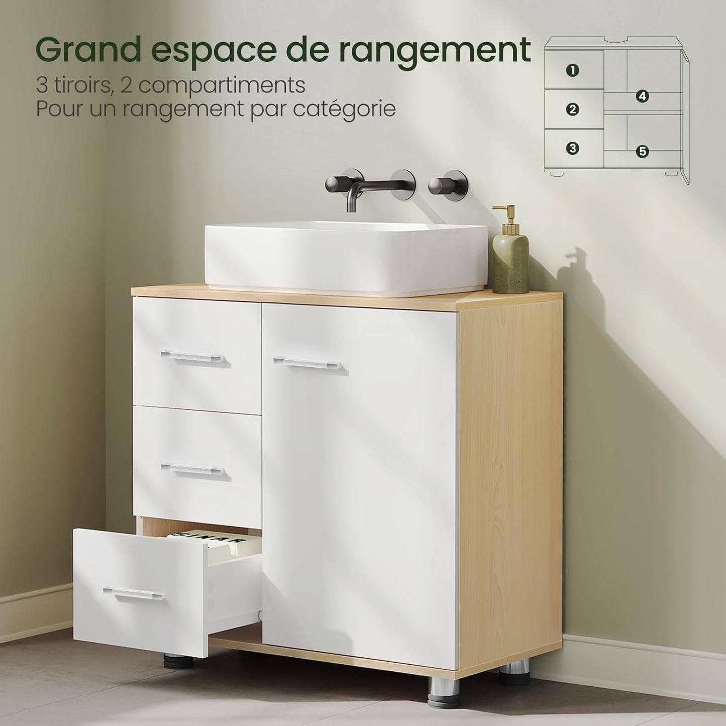 Eugad Badezimmerschrank Weiß/Helle Eiche – 60 x 60 x 30 cm – 3 Schubladen – Verstellbares Regal