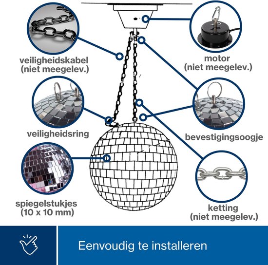 HQ-Power Disco Spiegelkugel Ø 20 cm, spektakuläre Lichteffekte für Partys, sicheres Aufhängesystem und facettiertes Glas, Tanzflächenzubehör für Disco und mehr