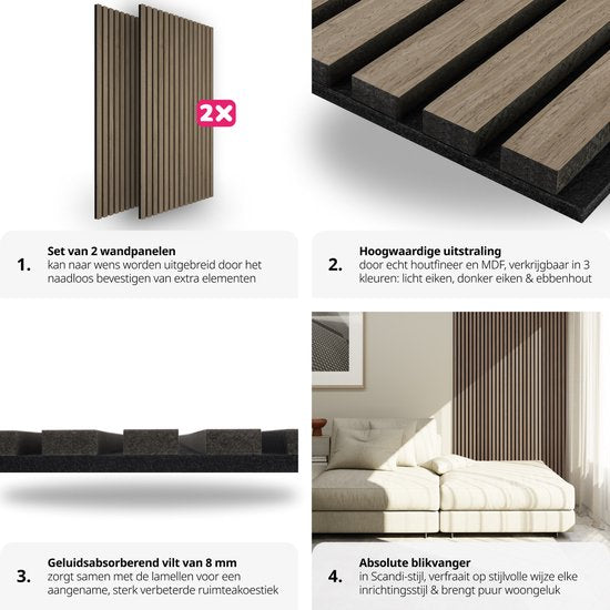 tectake® 2er-Set Akustikpaneele Sonic Wall - Schallabsorbierendes Paneel - Schalldämmung - Größe pro Paneel (LxBxH): ca. 120x60x2,1cm - Verschiedene Farben - Eiche dunkel