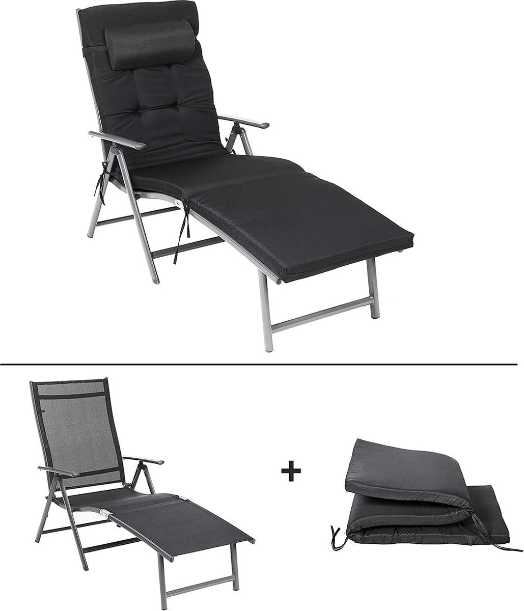 O'DADDY Liege - Liege klappbar - Schwarz - Sonnenliege mit Kopfstütze - Liegestuhl 183 x 60 x 39 - Gartenliege inklusive Liegekissen