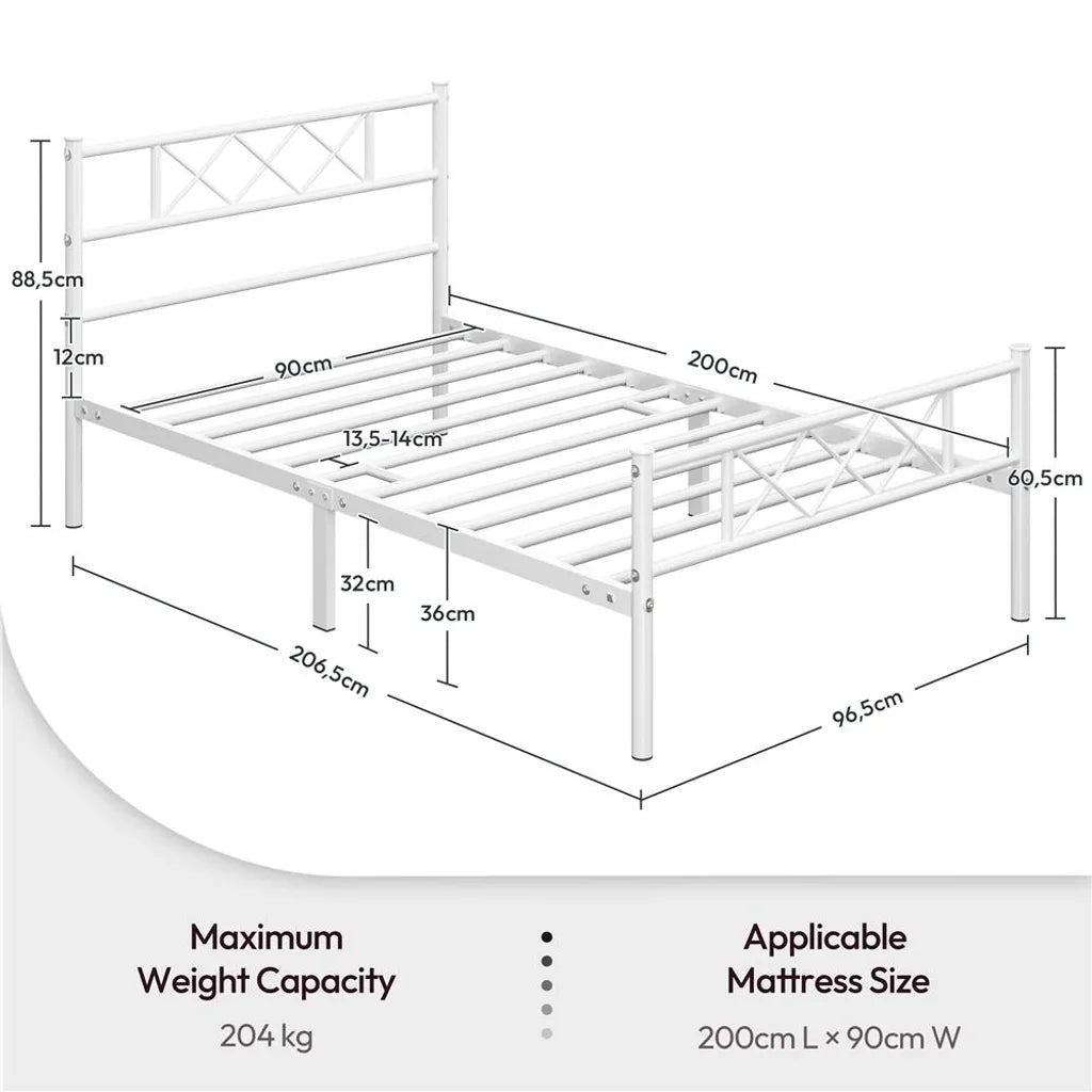 Yaheetech Bettrahmen 90 × 200 cm - Weißes Metall - Einzelbett mit X-Design Kopfteil, Lattenrost und 32 cm Stauraum