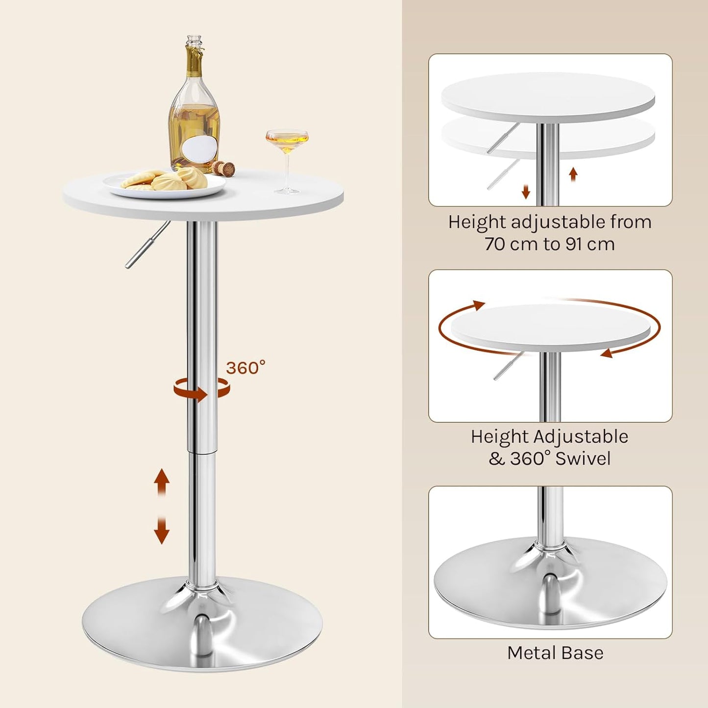 WOLTU Verstellbarer Bartisch – Ø 52 cm – Höhe 70–91 cm – drehbar – Chromfuß Ø 45 cm