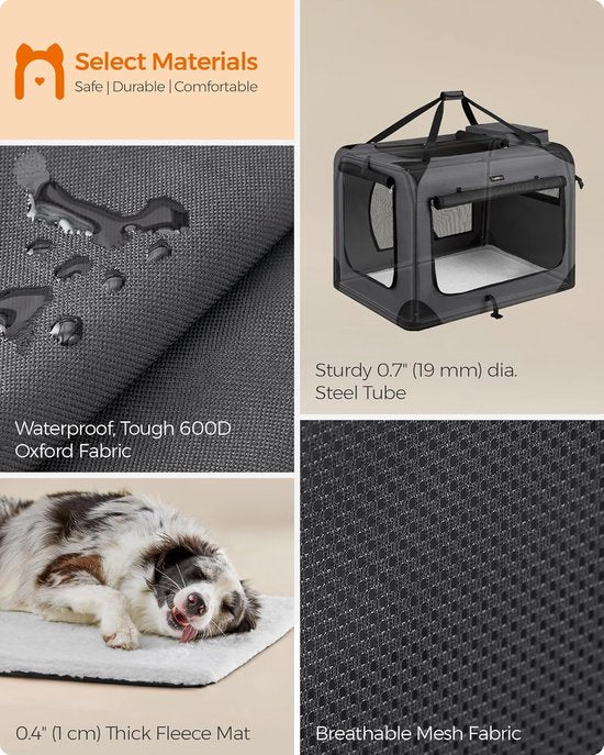Feandrea Faltbare Reisetasche für Haustiere PDC90G01 – Große weiche Transportbox für Hunde und Katzen, 91 × 63 × 63 cm – Grau – Atmungsaktiv mit Netzfenstern und Staufächern