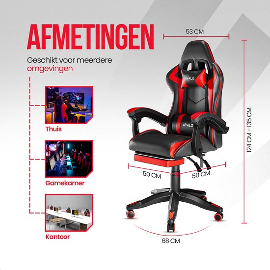 Avalo Gaming Chair - Game Chair - Ergonomischer Bürostuhl Verstellbar - Game Chair - Gaming Chair - Schwarz/Rot