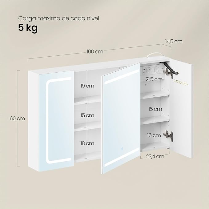 EUGAD Spiegelschrank Bad - 1 Spiegeltür - led Beleuchtung 3 Farbtemperaturen mit Steckdosen - weiß 100 x 60 x 14,5 cm