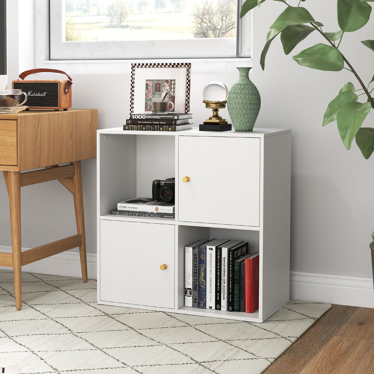 Coast Bücherregal mit 4 Fächern – mit Kippschutz – 2 Türen – weiß – 60 x 29 x 60 cm