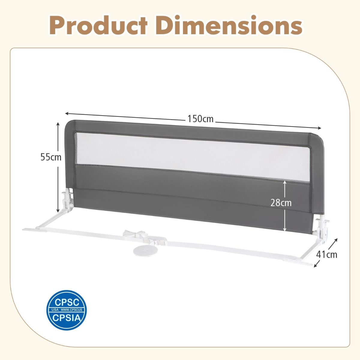 Coast 150 cm langes faltbares Bettgitter für Kleinkinder mit abnehmbarem Bezug - Grau