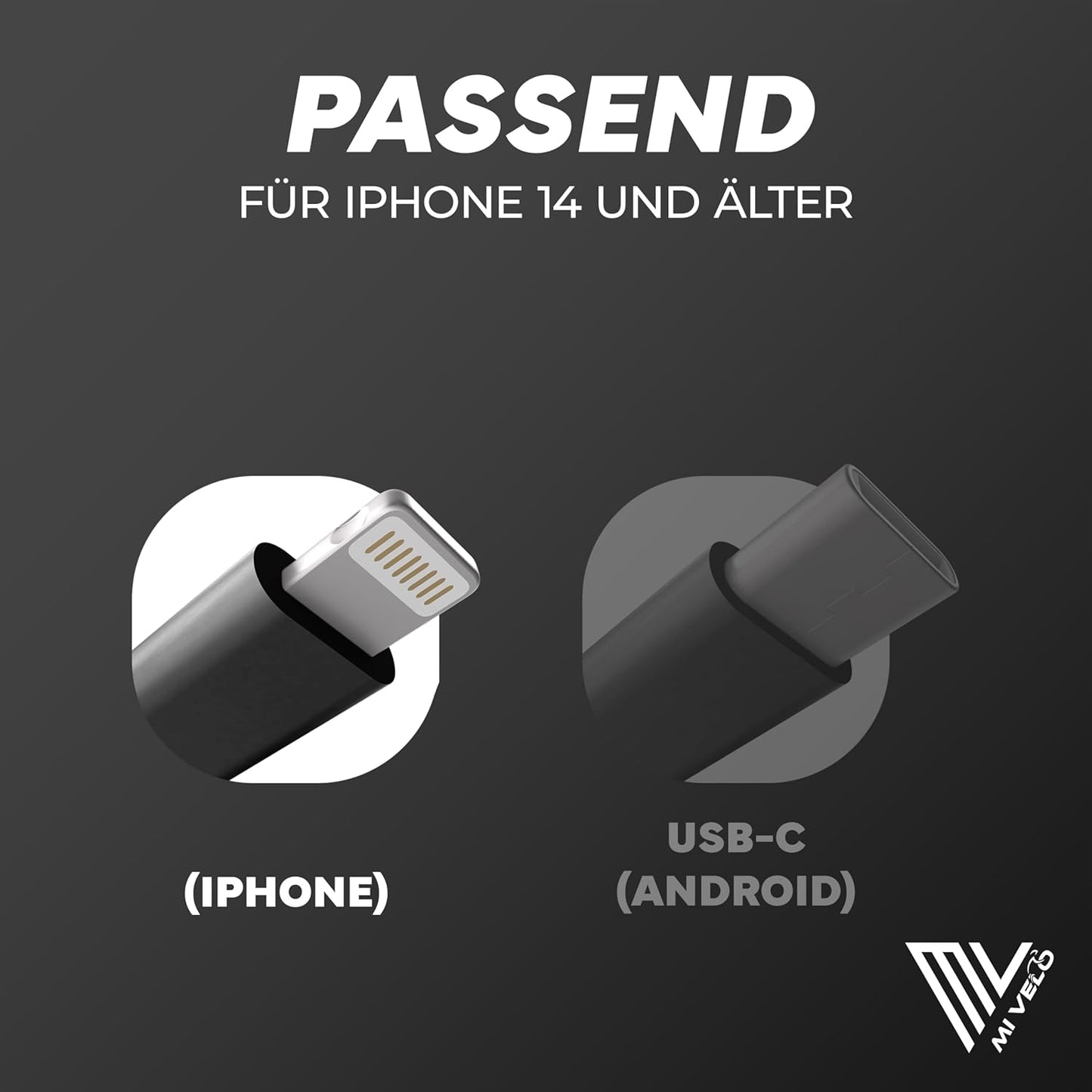 MIVELO E-Bike Ladekabel für Bosch Display - 35 cm OTG Kabel für iPhone (Lightning) - USB-C & Micro-USB - Geeignet für Intuvia, Kiox (nicht 300), Nyon (altes Modell) - Schwarz