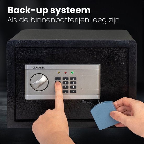 Auronic Elektronischer Safe - Zahlenkombinationsschloss - Schlüssel - Wandmontage - 4,3cm Tür - 130dB Alarm - 28L - 30x38x30cm - 10KG - Stahl - Schwarz