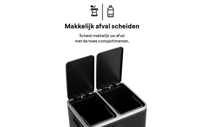 Homra BLINQ Afvalscheiding prullenbak met 2 vakken - 2 x 15 L inhoud - Duo pedaalemmer Zwart - Afvalemmer 30 Liter - Recycle Afvalbak - Zwarte Afvalscheidingsprullenbak - HygiÃƒÂ«nisch Afval Scheiden - Keuken Vuilbak - Kantoor