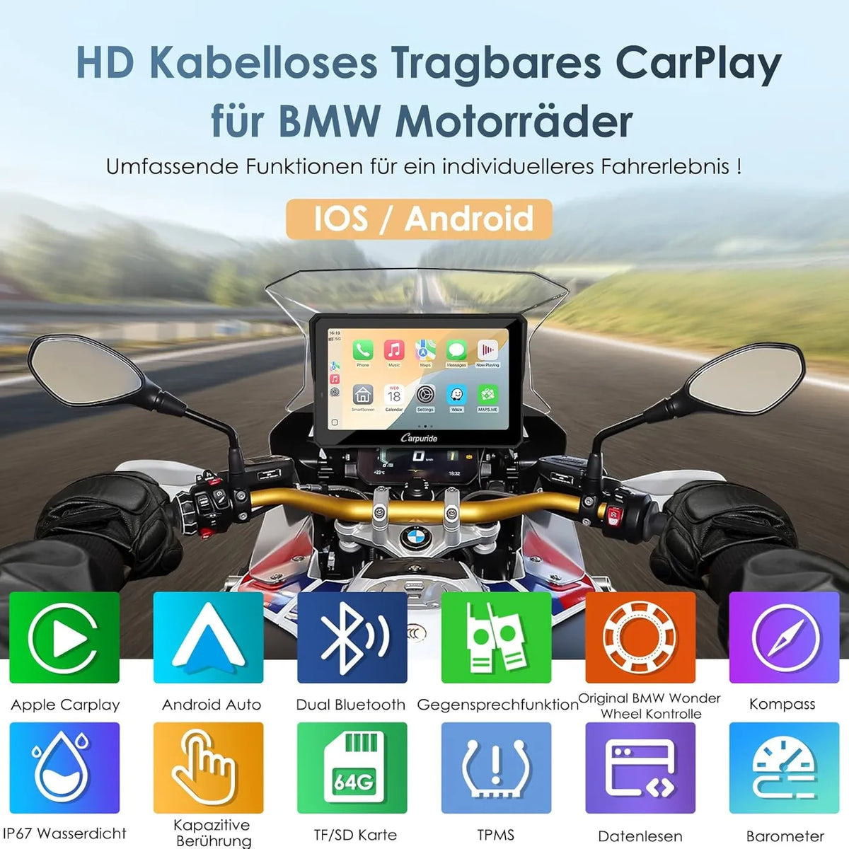 Carpuride W702BS Pro 7-Zoll-CarPlay-Bildschirm für Motorräder – BMW Wonderwiel – Drahtloses CarPlay & Android Auto – Wasserdicht – Schwarz
