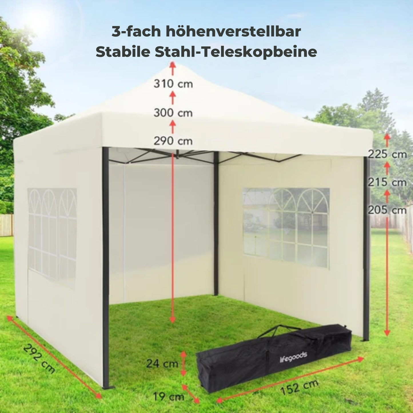 LifeGoods Partyzelt Pavillon - 3x3 m - Mit Seitenwänden - Leicht aufbaubar - Faltbar - Wasserdicht - Inkl. Tragetasche mit Rädern - Beige