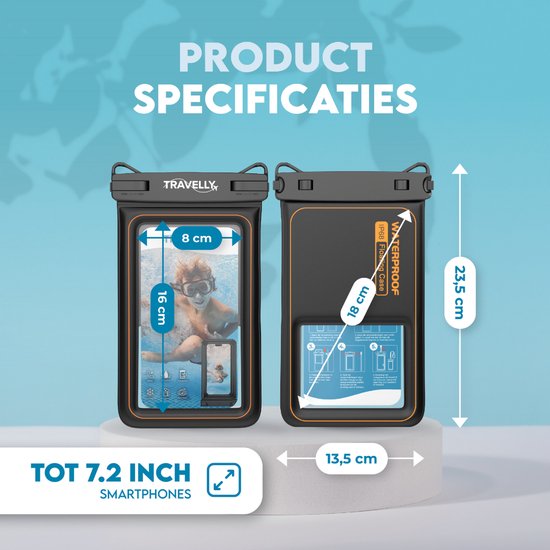 Travelly® Luxe Waterproof Phone Case - Universelle Unterwassertasche für Smartphone - Geeignet für alle Handys - Drybag - Für Urlaub, Schwimmen & Wassersport - Schwarz