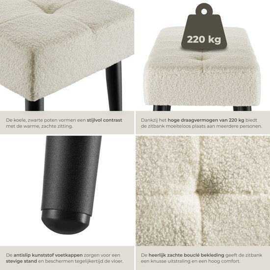 tectake® Gepolsterte Bank – 95 x 38 x 45 cm – Steppmuster – Belastbarkeit 220 kg – Sitzbank – Flurbank – Bank für Wohnzimmer, Schlafzimmer, Esszimmer – Bouclé, cremefarben