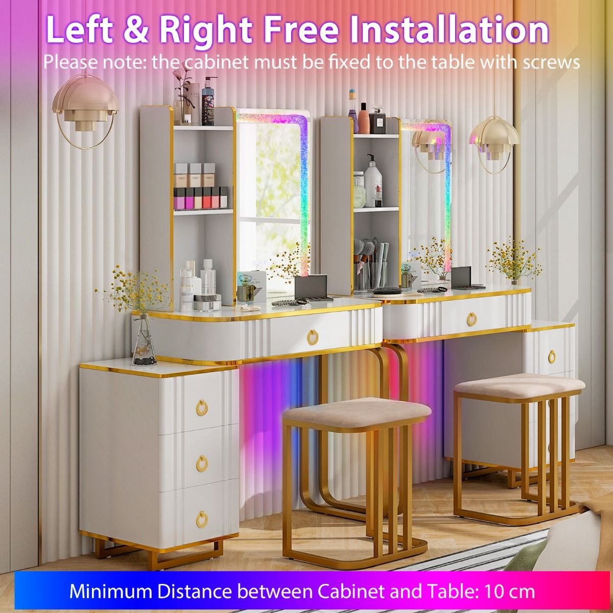 coast Schminktisch-Set mit Spiegel 80×40×137 cm - Weiß - LED mit 7 dynamischen & 7 statischen Modi - Kabellose Ladestation & USB/Type-C - Inklusive Hocker
