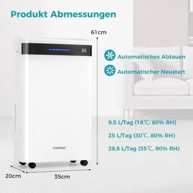 Coast Luftentfeuchter – 28,5 l pro Tag – bis zu 35 m² – 35 x 20 x 61 cm – Weiß