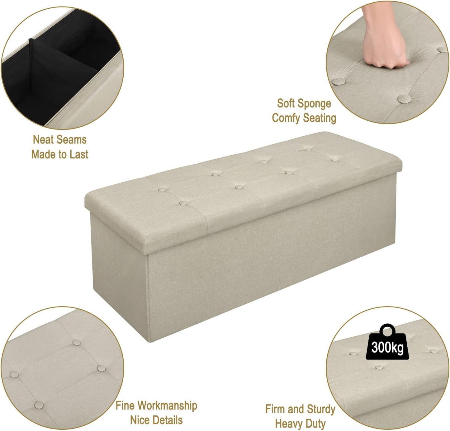 Woltu Klappbare Aufbewahrungsbank mit Stauraum – 118 Liter – 110 x 37,5 x 38 cm – Creme-weißes Leinen – Belastbar bis 300 kg