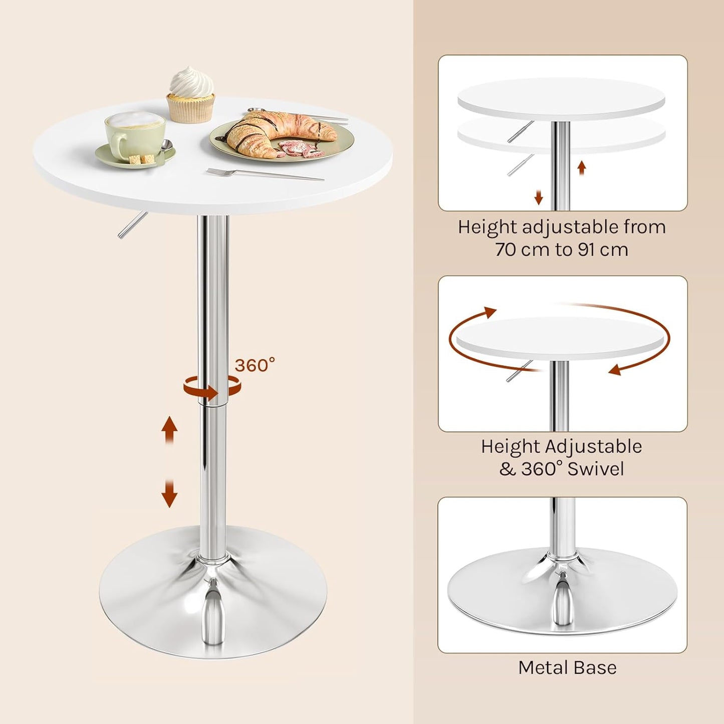 Woltu BT02ws Stehtisch verstellbar - Rund 60x60 cm - Höhe 68-88 cm - Weiß