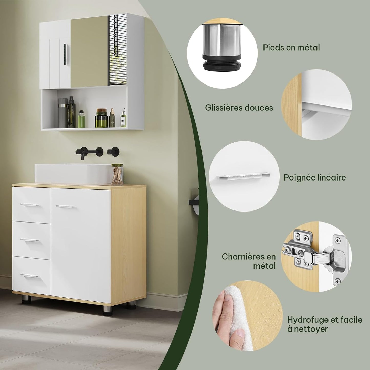 Eugad Badezimmerschrank Weiß/Helle Eiche – 60 x 60 x 30 cm – 3 Schubladen – Verstellbares Regal
