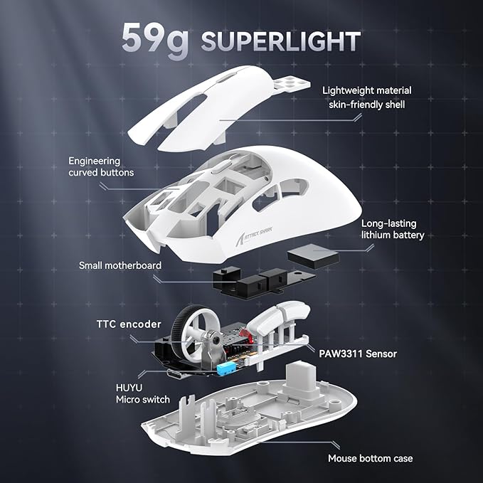 ATTACK SHARK R1 Superlight Gaming Mouse - 59g - 12,2 × 6,4 × 3,8cm - Kabellos & kabelgebunden - Bis zu 18.000 DPI - 65 Stunden Batterielaufzeit - Weiß