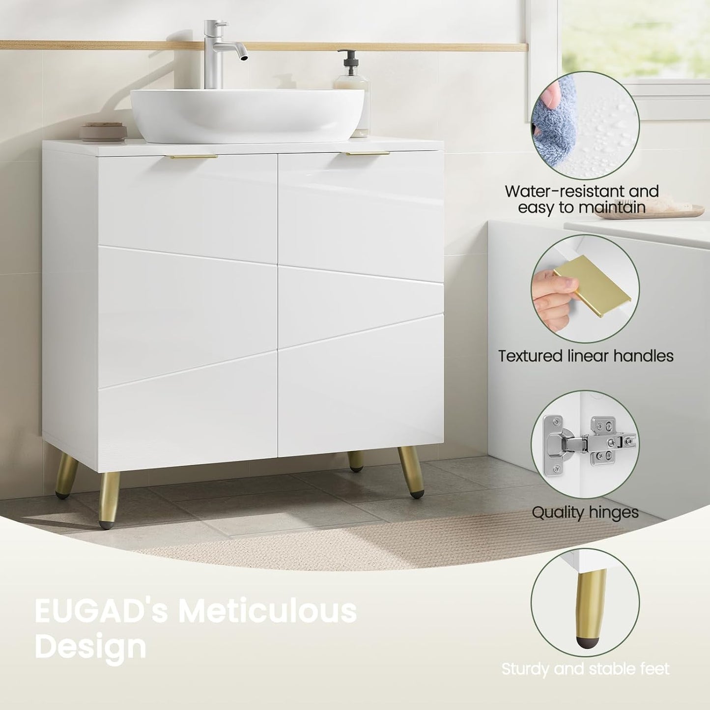 EUGAD Waschtischunterschrank, Weiß, Hochglanz – 60 x 60 x 30 cm – 2 Türen