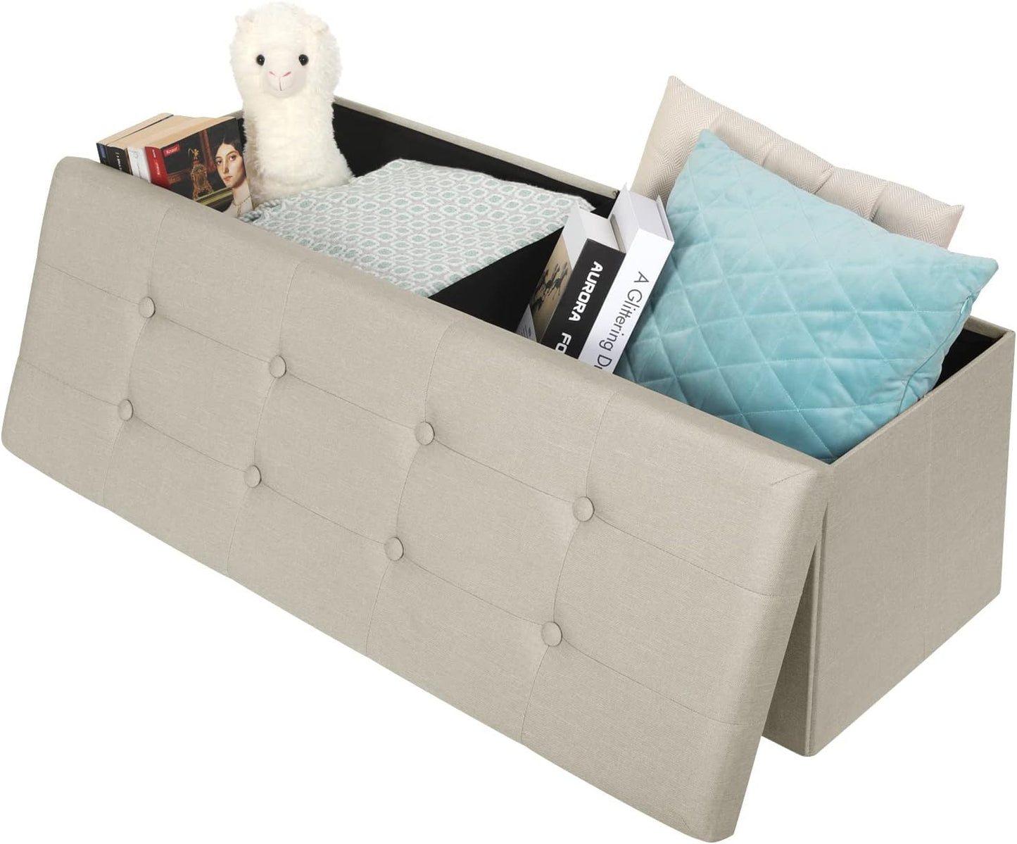 Woltu Klappbare Aufbewahrungsbank mit Stauraum – 118 Liter – 110 x 37,5 x 38 cm – Creme-weißes Leinen – Belastbar bis 300 kg