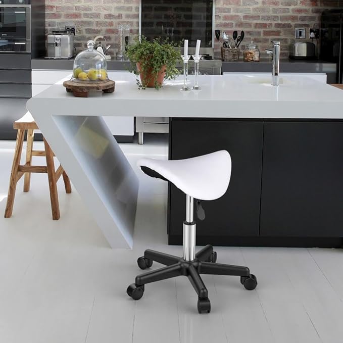 Yaheetech Saddle Stool - Mobiler Hocker - Sattelsitz - höhenverstellbar - 5 Räder - Weiß