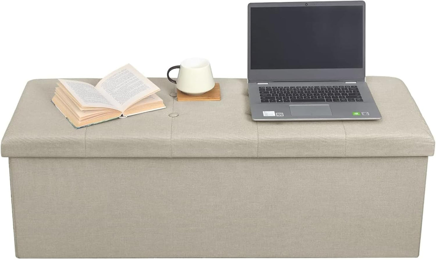 Woltu Klappbare Aufbewahrungsbank mit Stauraum – 118 Liter – 110 x 37,5 x 38 cm – Creme-weißes Leinen – Belastbar bis 300 kg