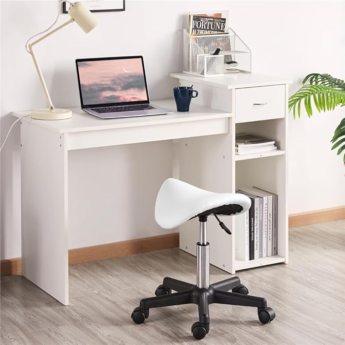Yaheetech Saddle Stool - Mobiler Hocker - Sattelsitz - höhenverstellbar - 5 Räder - Weiß