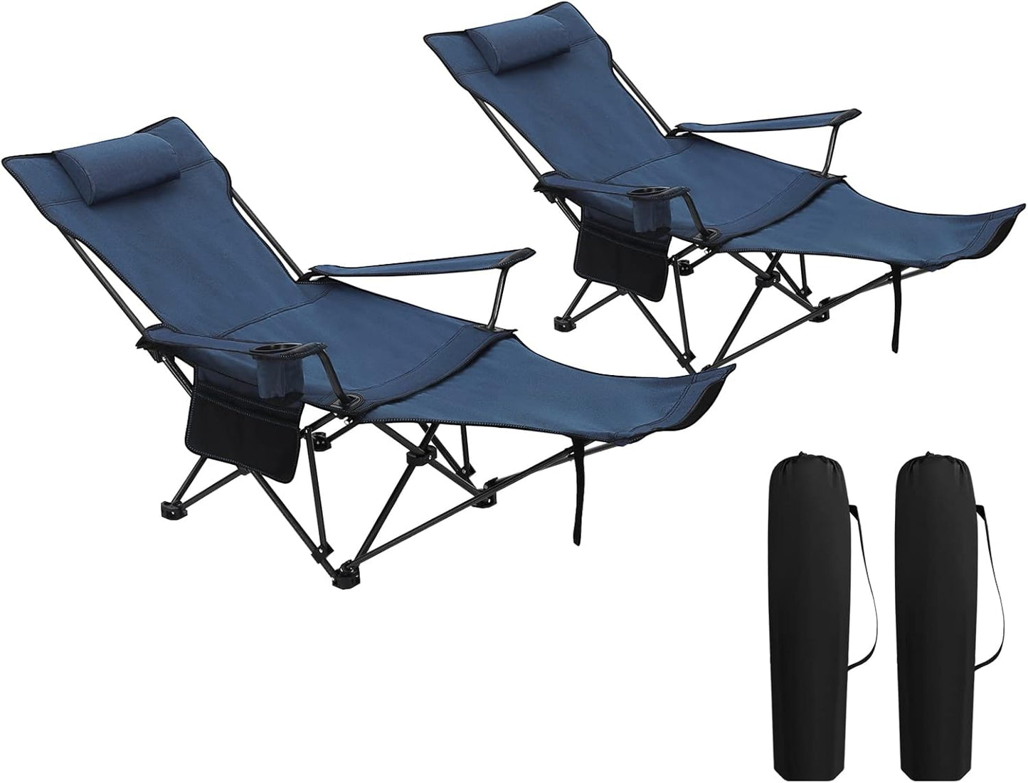 Woltu Campingstuhl 2er Set - Zusammenklappbare Liege mit Fußstütze und Becherhalter - 160 x 88,5 x 84 cm - Blau