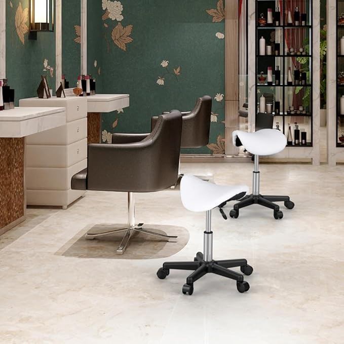 Yaheetech Saddle Stool - Mobiler Hocker - Sattelsitz - höhenverstellbar - 5 Räder - Weiß