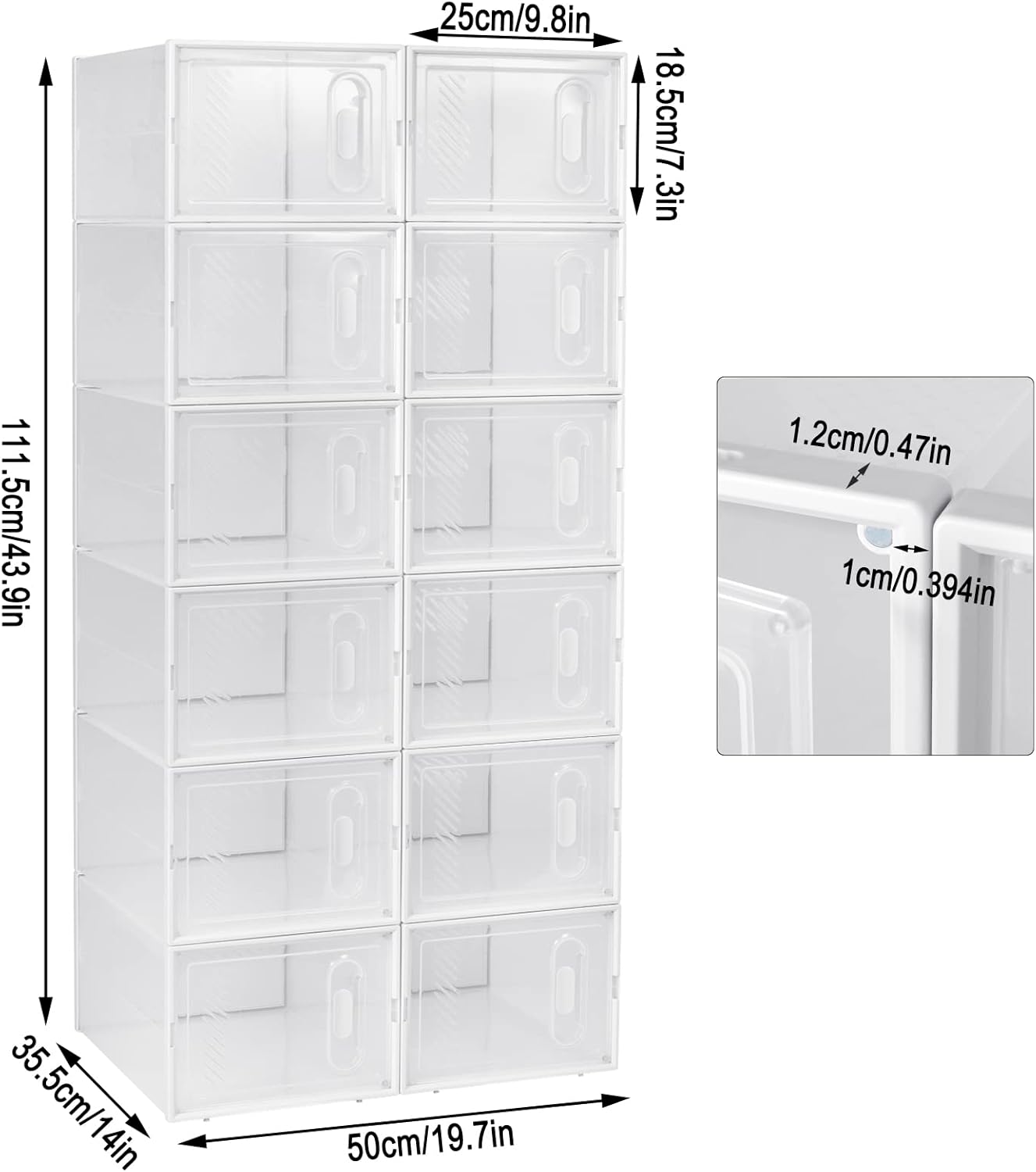 Woltu Schuhkartons Transparent Weiß - 12 Stück - stapelbar & faltbar - mit Frontdeckel - 25x19x35 cm
