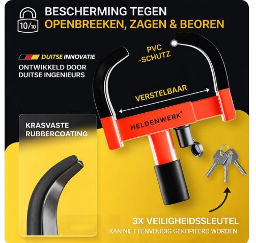 HELDENWERK - Parkkralle & Radklemme - Für 18-30 cm Reifenbreite - Schwarz & Rot legierter Stahl - Mit Hochsicherheitsschloss & 3 Schlüsseln - Diebstahlschutz - Maximale Sicherheit