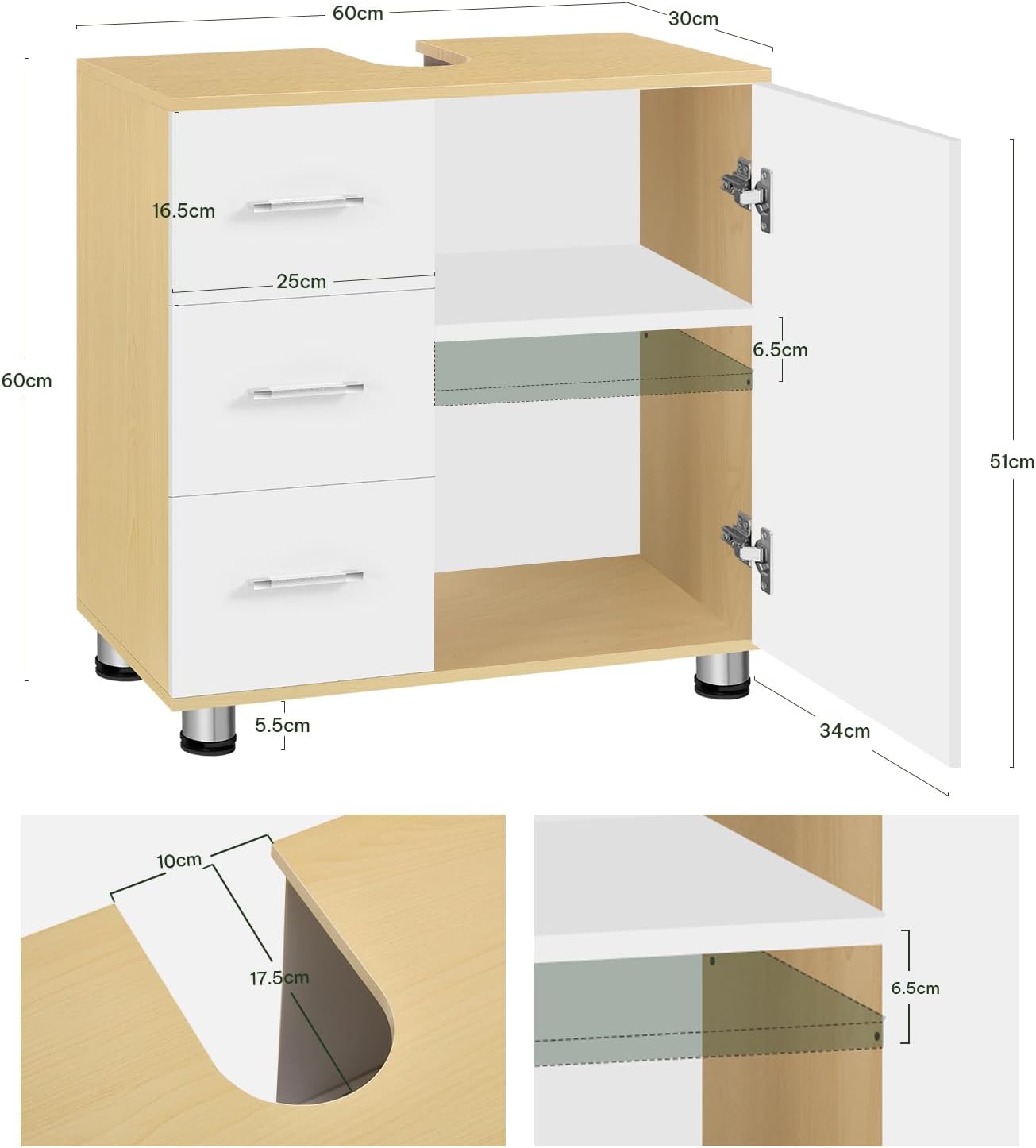 Eugad Badezimmerschrank Weiß/Helle Eiche – 60 x 60 x 30 cm – 3 Schubladen – Verstellbares Regal