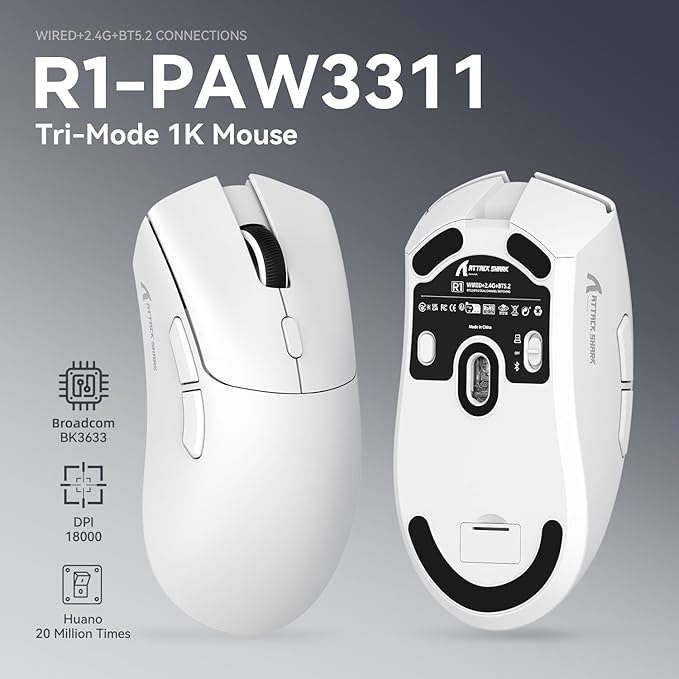 ATTACK SHARK R1 Superlight Gaming Mouse - 59g - 12,2 × 6,4 × 3,8cm - Kabellos & kabelgebunden - Bis zu 18.000 DPI - 65 Stunden Batterielaufzeit - Weiß