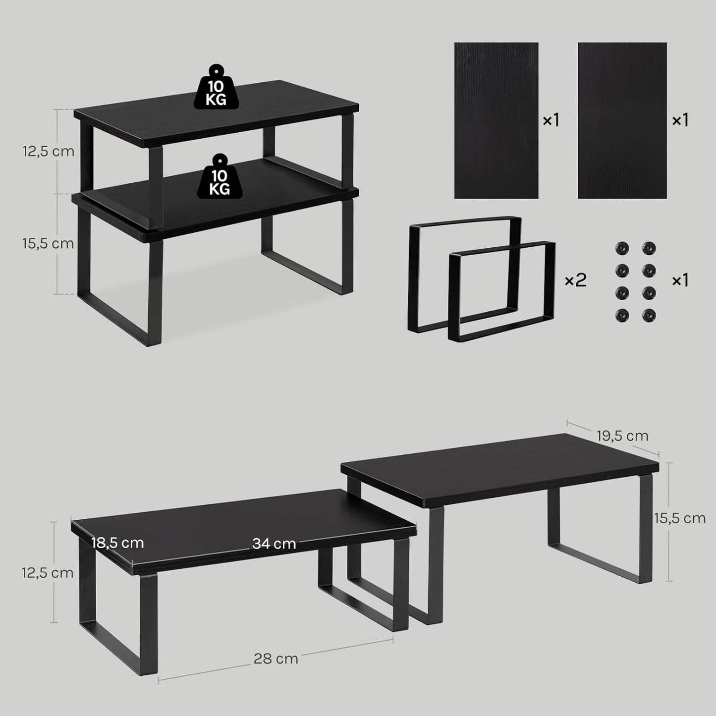 Woltu 2-teiliges stapelbares Gewürzregal – Schwarz – MDF & Metall – 34 x 19,5 x 15,5 cm