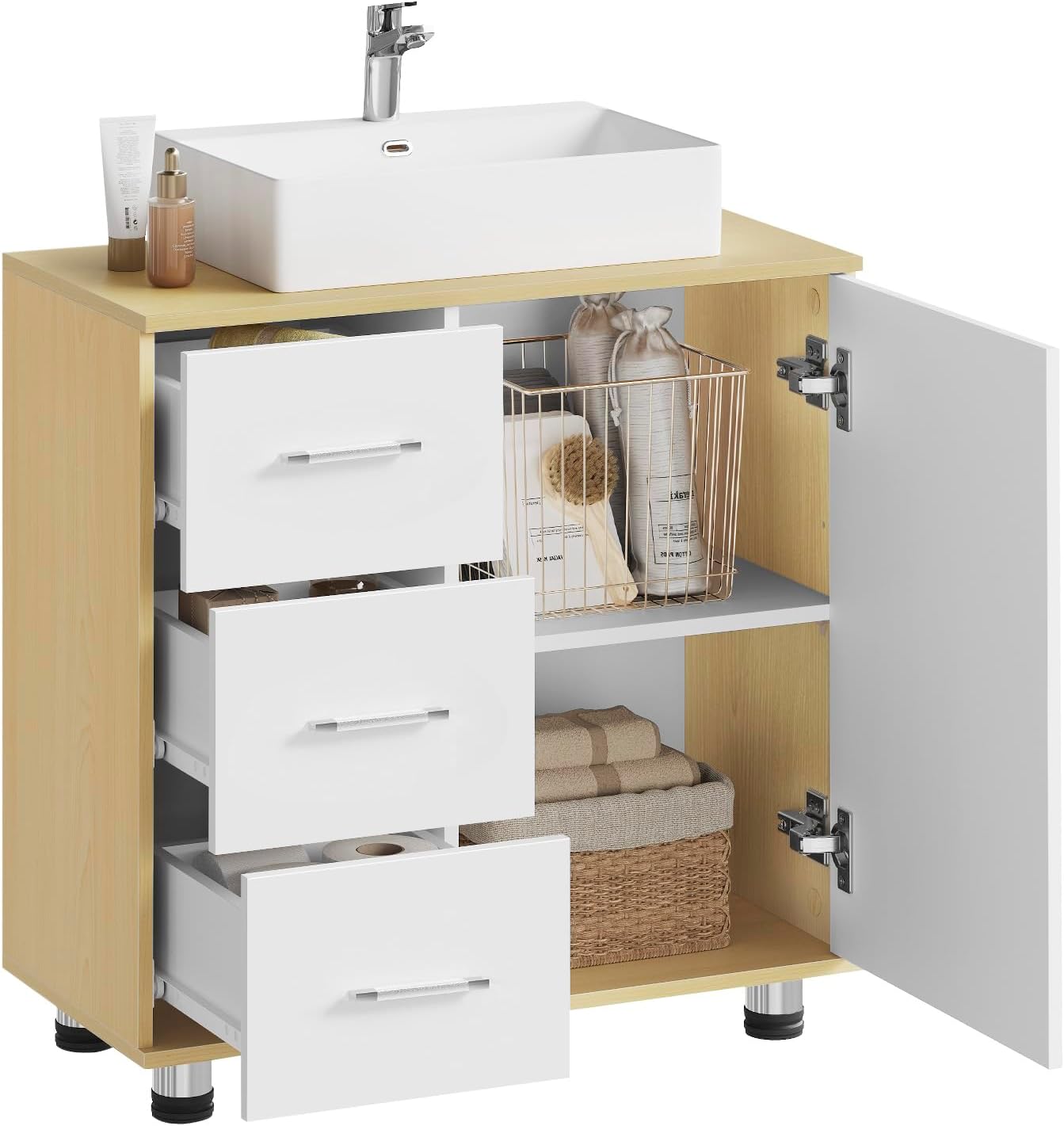Eugad Badezimmerschrank Weiß/Helle Eiche – 60 x 60 x 30 cm – 3 Schubladen – Verstellbares Regal