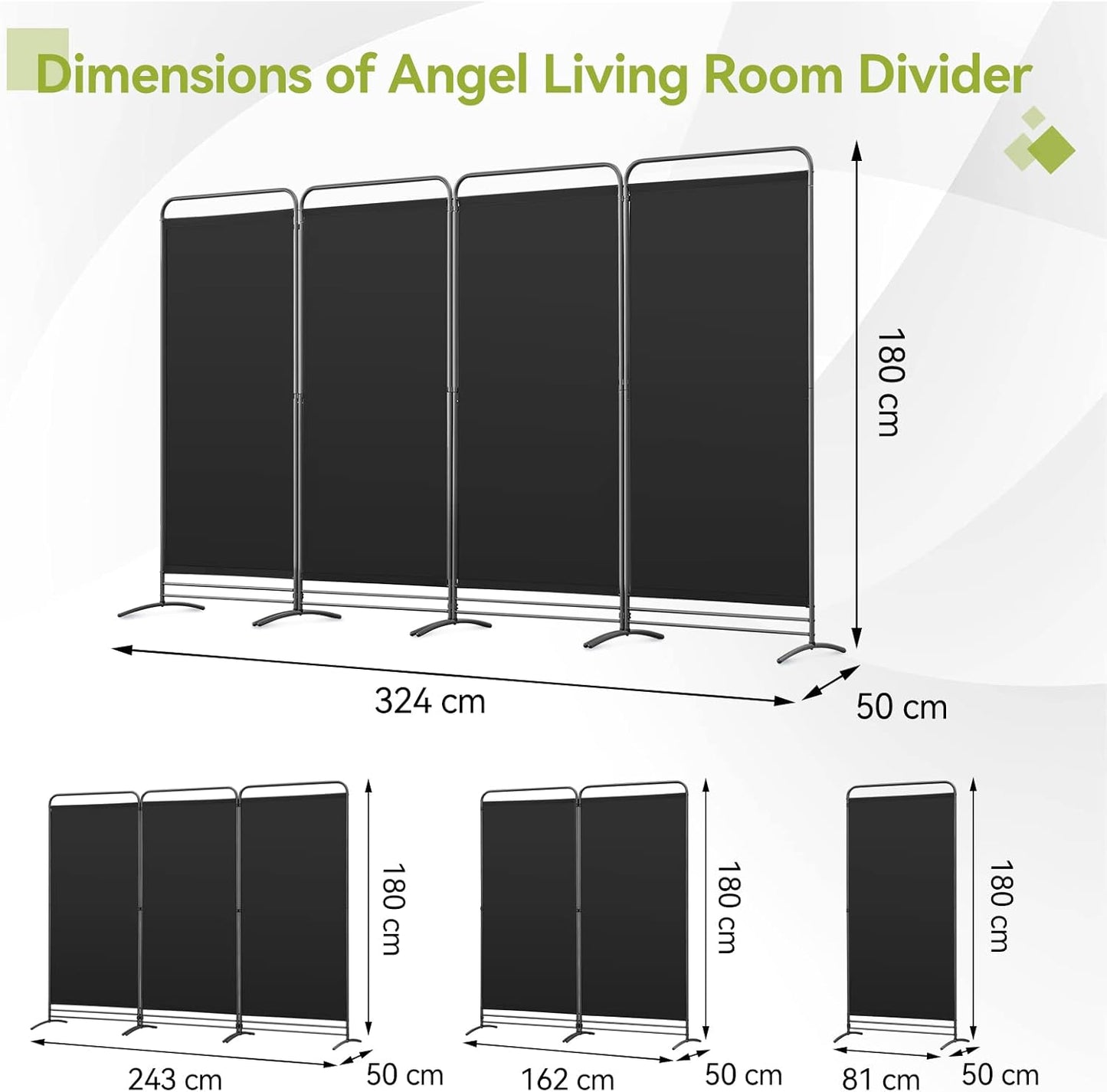 Angel Living Chamber Screen - 4-teilig - 324x180 cm - faltbar - Stahl & Polyester - freistehend - Raumteiler & Sichtschutz - Schwarz