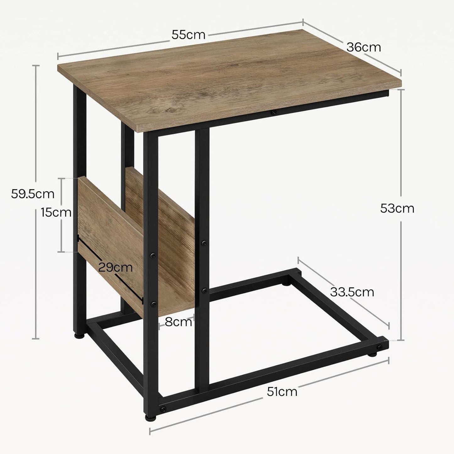 Woltu C-förmiger Beistelltisch mit Ablagegestell – graue Holzoptik – Metall – 55 x 36 x 59,5 cm