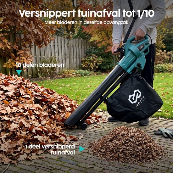 Infinity Goods Elektrischer Laubbläser und -sauger – 3500 W – Häckselfunktion – 45-Liter-Auffangbeutel – mit Kabel – 280 km/h Luftgeschwindigkeit