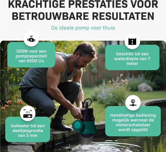 VONROC Tauchpumpe/Wasserpumpe 300 W – 6500 l/h – Für sauberes und leicht verschmutztes Wasser – Mit Schwimmer