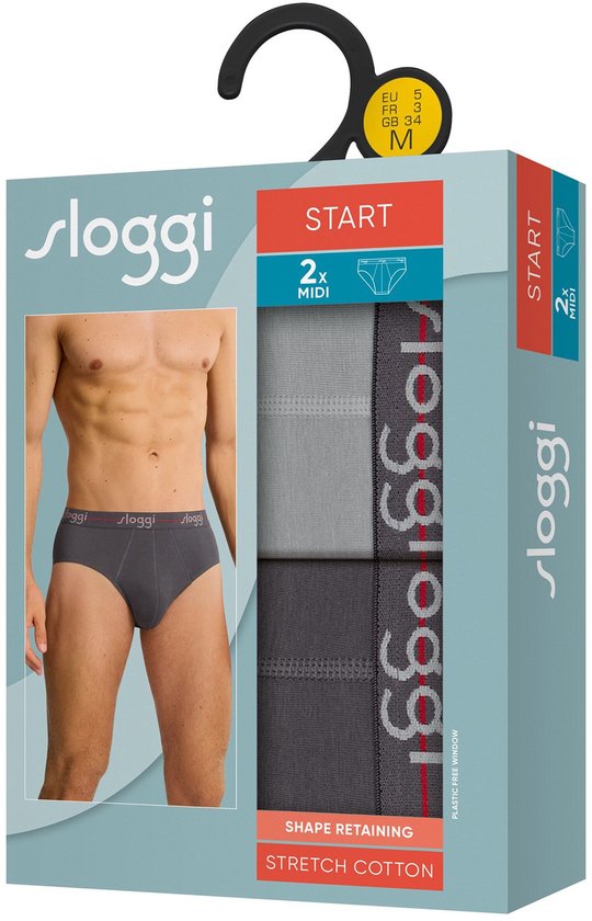 Sloggi Start Midi 2er-Pack Slips - Männer - Baumwolle/Elastan - Regular Waist - Elastisches Band - Schwarz/Grau - Größe XL