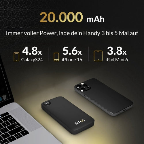 Surge Powerbank - 20.000mAh - 22,5W Schnellladegerät - 2x USB-C & 1x USB-A - 14,5 x 6,8 x 2,9 cm - Schwarz