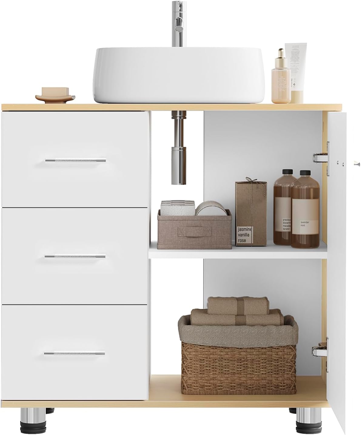 Eugad Badezimmerschrank Weiß/Helle Eiche – 60 x 60 x 30 cm – 3 Schubladen – Verstellbares Regal