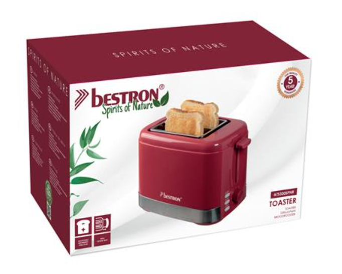 Bestron ATS300SPNR Toaster – 2 Schlitze – 800 W – 7 Bräunungsstufen – 19,3 x 28,4 x 17,1 cm – Rot