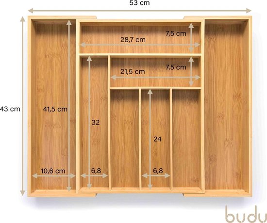 Budu Extendable Bamboo Cutlery Tray #43 - Besteckkassette Holz  - 43 x 32.2 - 53 cm - 6/8 Fächer