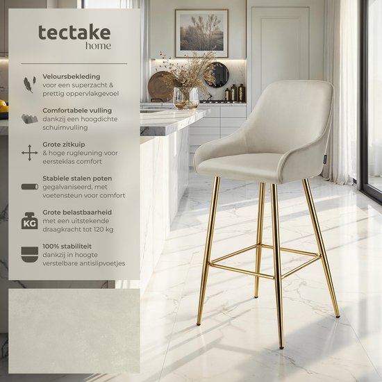 tectake - 2er Set Barhocker Avane - Gepolsterter Barhocker mit Rückenlehne - Barhocker - Ergonomischer Barhocker mit Fußstütze - Esszimmerstuhl mit Polsterung in Samtoptik - Stabile Stahlbeine mit rutschfestem Bodenschutz - Creme/Gold