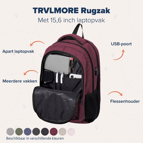 TRVLMORE Rucksack mit Lifetime - Rucksack mit 15.6 Zoll Laptopfach - Schultasche - spritzwassergeschützt - Männer und Frauen - Jungen und Mädchen - 28L - Burgunderrot